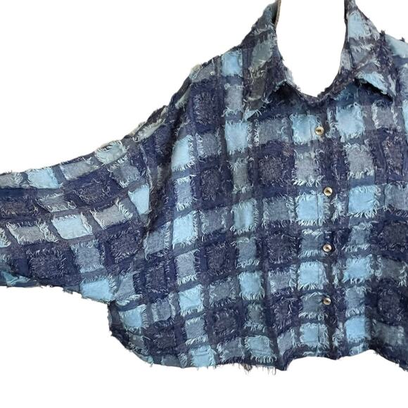 White Birch Jacket Crop Top Large Blue Patchwork Plaid Eyelash Button Up - Picture 4 of 10
